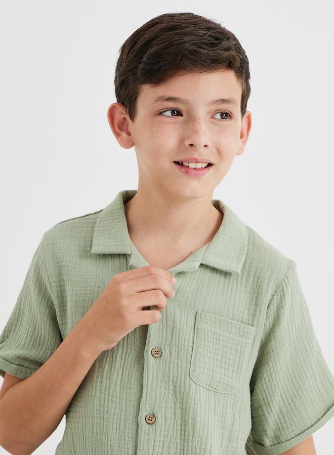 Styli Double Gauze Plain Shirt and Shorts Set - Image 3