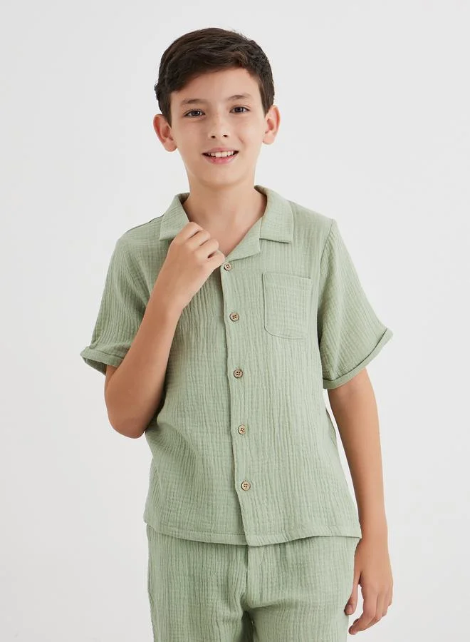 Styli Styli Double Gauze Plain Shirt and Shorts Set