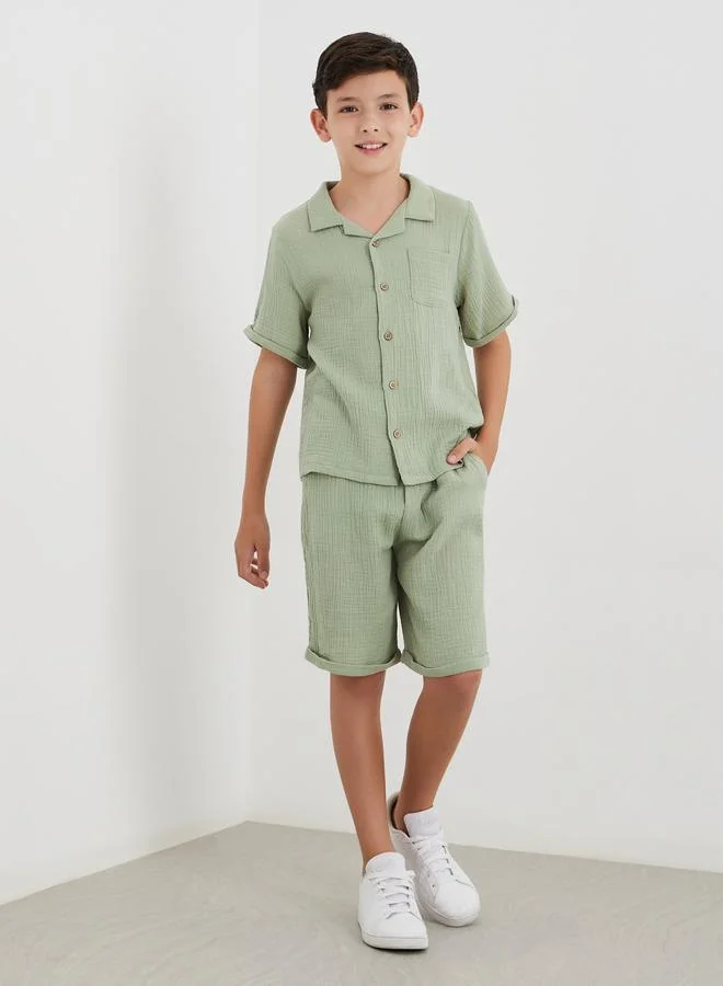 Styli Styli Double Gauze Plain Shirt and Shorts Set