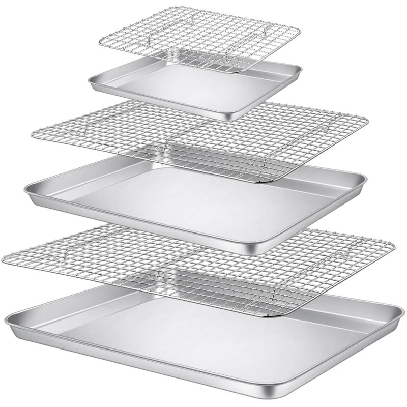 PP CHEF 17516104 Baking Sheet and Rack Set Stainless Steel Cookie Sheets Oven Baking Pans Trays with Cooling Racks for Cooking  Roasting Dishwasher Safe Various Size 6Pcs