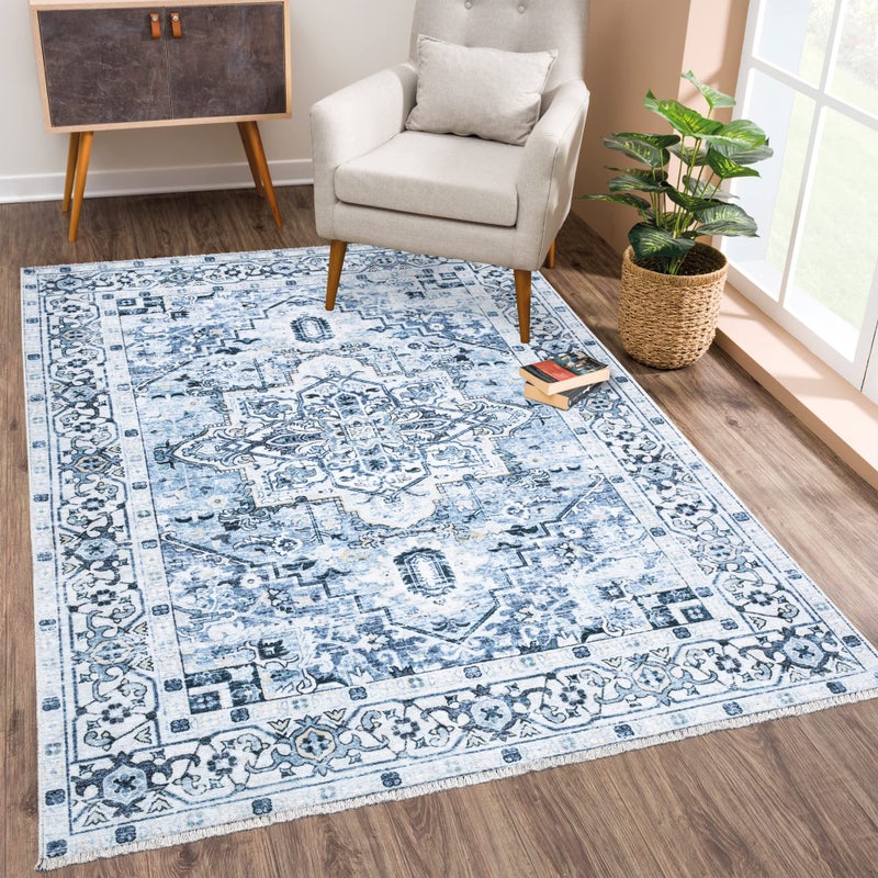 Bloom Rugs Caria Washable NonSlip 4x6 Rug Blue Traditional Area Rug for Living Room Bedroom Dining Room and Kitchen Exact Size 4 x 6