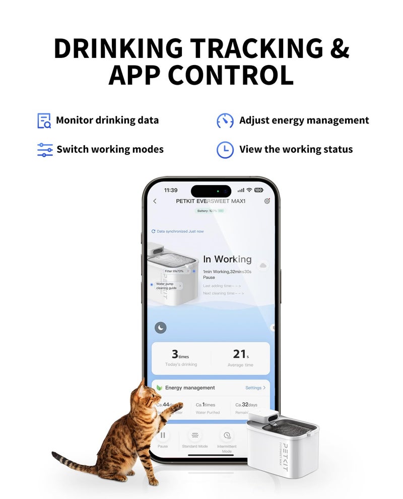 PETKIT نافورة مياه للقطط PETKIT EVERSWEET MAX بدون سلك مع مستشعر حركة، سعة 101 أونصة/3 لتر، نافورة للحيوانات الأليفة للقطط والكلاب داخل المنزل، موزع مياه تلقائي للقطط يعمل بالبطارية (أبيض - بدون سلك، 3 لتر) - Image 4