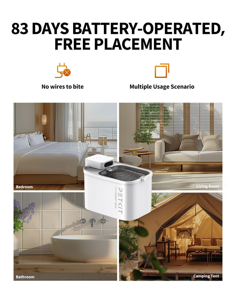 PETKIT نافورة مياه للقطط PETKIT EVERSWEET MAX بدون سلك مع مستشعر حركة، سعة 101 أونصة/3 لتر، نافورة للحيوانات الأليفة للقطط والكلاب داخل المنزل، موزع مياه تلقائي للقطط يعمل بالبطارية (أبيض - بدون سلك، 3 لتر) - Image 2