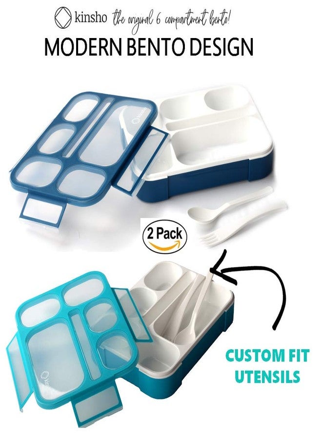 Kinsho Bento-Box Lunch Boxes for Kids, Boys, Adults. Leakproof Lunch Set, Bentoboxes for School or Work. Portion Containers. BPA Free. 6 Compartments. Fork & Spoon. Blue & Navy Blue Large - Image 2