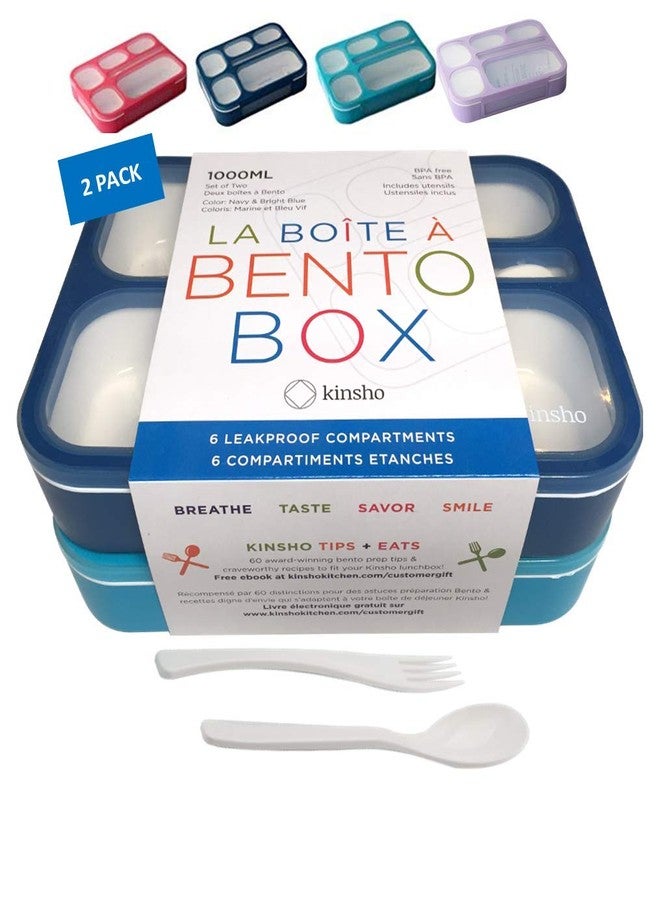Kinsho Bento-Box Lunch Boxes for Kids, Boys, Adults. Leakproof Lunch Set, Bentoboxes for School or Work. Portion Containers. BPA Free. 6 Compartments. Fork & Spoon. Blue & Navy Blue Large - Image 1