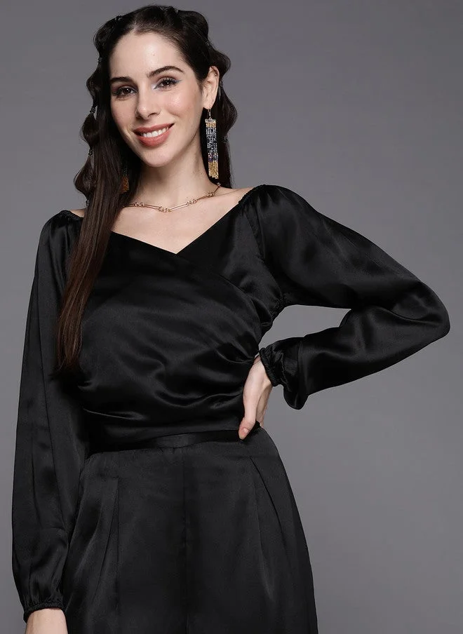 SASSAFRAS Black Satin Smocked Wrap Crop Top for Women
