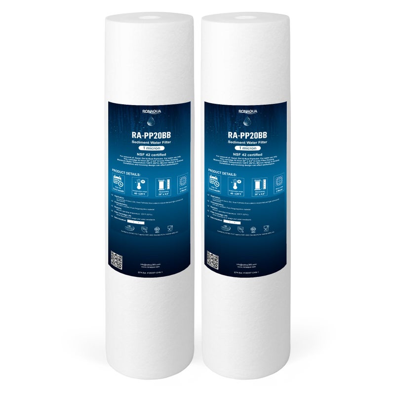 Ronaqua 20 x 45 Big Sediment Replacement Water Filter Cartridge 1 Micron NSF Certified for Whole House Compatible with 15535843 2PP20BB1M AP8102 FPMBBB520 P520BB SDC452005 2 Pack