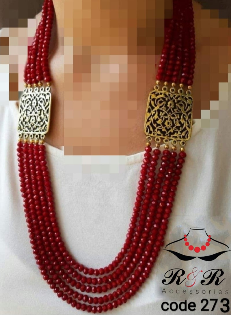 R&R Women's multi-purpose necklace made of red matte crystal and a pure copper pendant