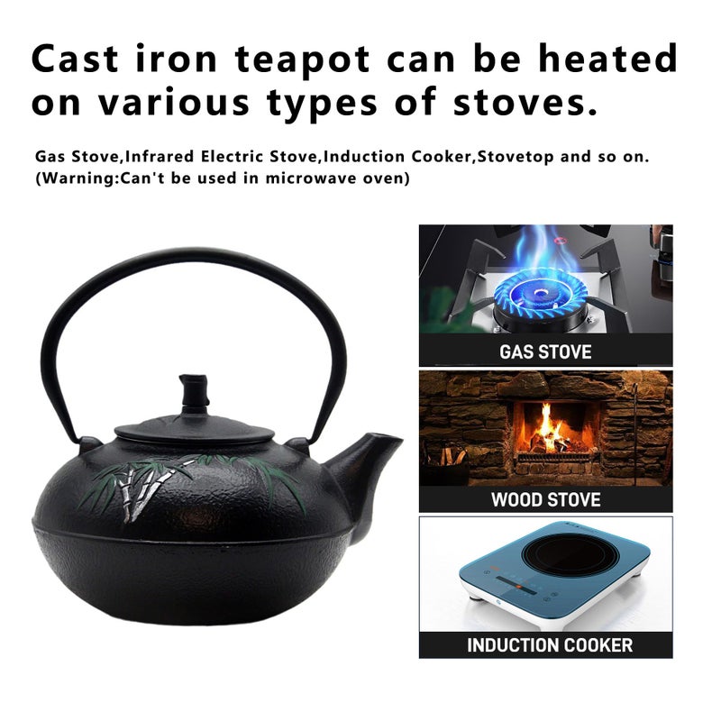 YJX 84.6oz Large Cast Iron Tea Kettle for Stovetop, Heavy Teapot with Stainless Steel Infuser for Loose Leaf, Japanese Style Tea Pot, 2500ml Black Tetsubin with Bamboo Pattern - Image 4