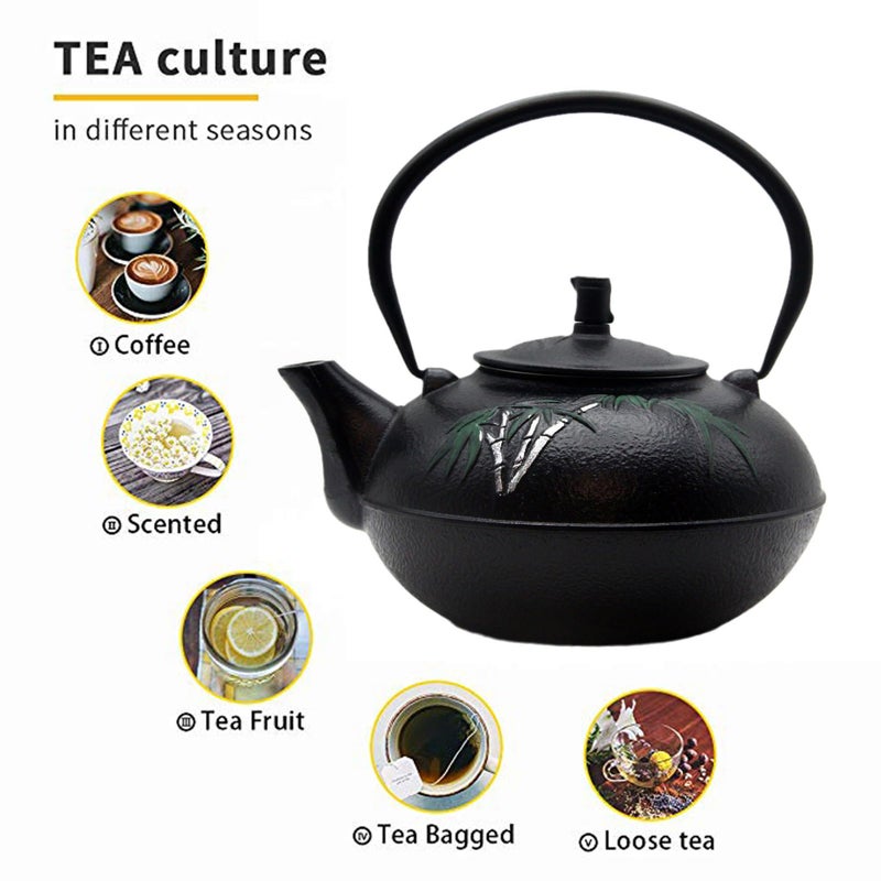 YJX 84.6oz Large Cast Iron Tea Kettle for Stovetop, Heavy Teapot with Stainless Steel Infuser for Loose Leaf, Japanese Style Tea Pot, 2500ml Black Tetsubin with Bamboo Pattern - Image 3