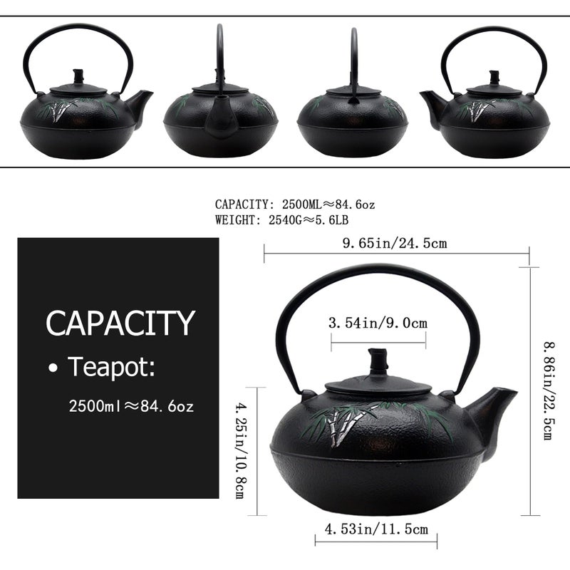 YJX 84.6oz Large Cast Iron Tea Kettle for Stovetop, Heavy Teapot with Stainless Steel Infuser for Loose Leaf, Japanese Style Tea Pot, 2500ml Black Tetsubin with Bamboo Pattern - Image 5