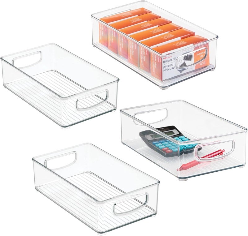m-design Small Plastic Office Storage Container Bins w/Handles for Organization in Filing Cabinet, Closet Shelf, Desk Drawers, Organizer for Notes, Pens, Pencils - Ligne Collection, 4 Pack - Clear - Image 1