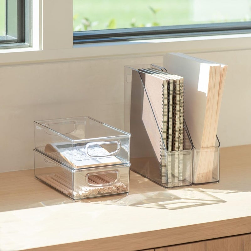 m-design Small Plastic Office Storage Container Bins w/Handles for Organization in Filing Cabinet, Closet Shelf, Desk Drawers, Organizer for Notes, Pens, Pencils - Ligne Collection, 4 Pack - Clear - Image 3