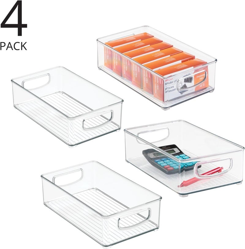 m-design Small Plastic Office Storage Container Bins w/Handles for Organization in Filing Cabinet, Closet Shelf, Desk Drawers, Organizer for Notes, Pens, Pencils - Ligne Collection, 4 Pack - Clear - Image 2