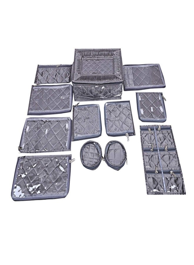 MSclassy Vanity Box For Keeping Jewellery With 12 Zipped Pouches Satin Jewellery Kit Bag Storage Earring Necklace Anklet Store Bag Grey Pack Of 1 - Image 2