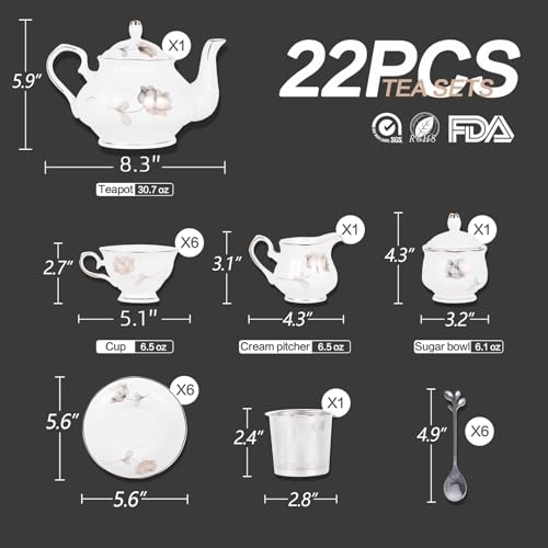CHENP.HMC Porcelain Ceramic 22-Piece Tea Set, Teapot and Cup Set, 30.7 Ounces, for 6, Gift Sets, Tea or Coffee Lovers, Wedding, Birthday - Image 3
