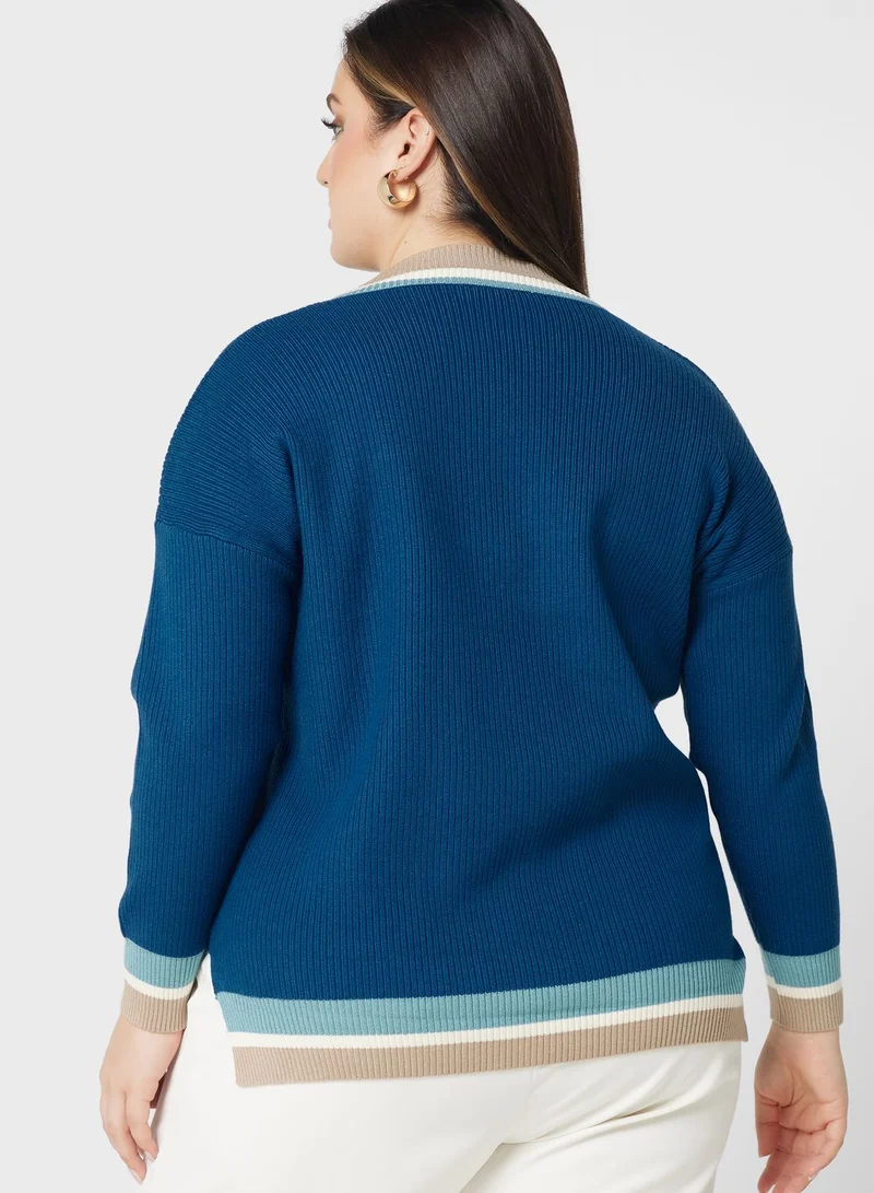 Ginger Plus Contrast Trim V Neck Sweater