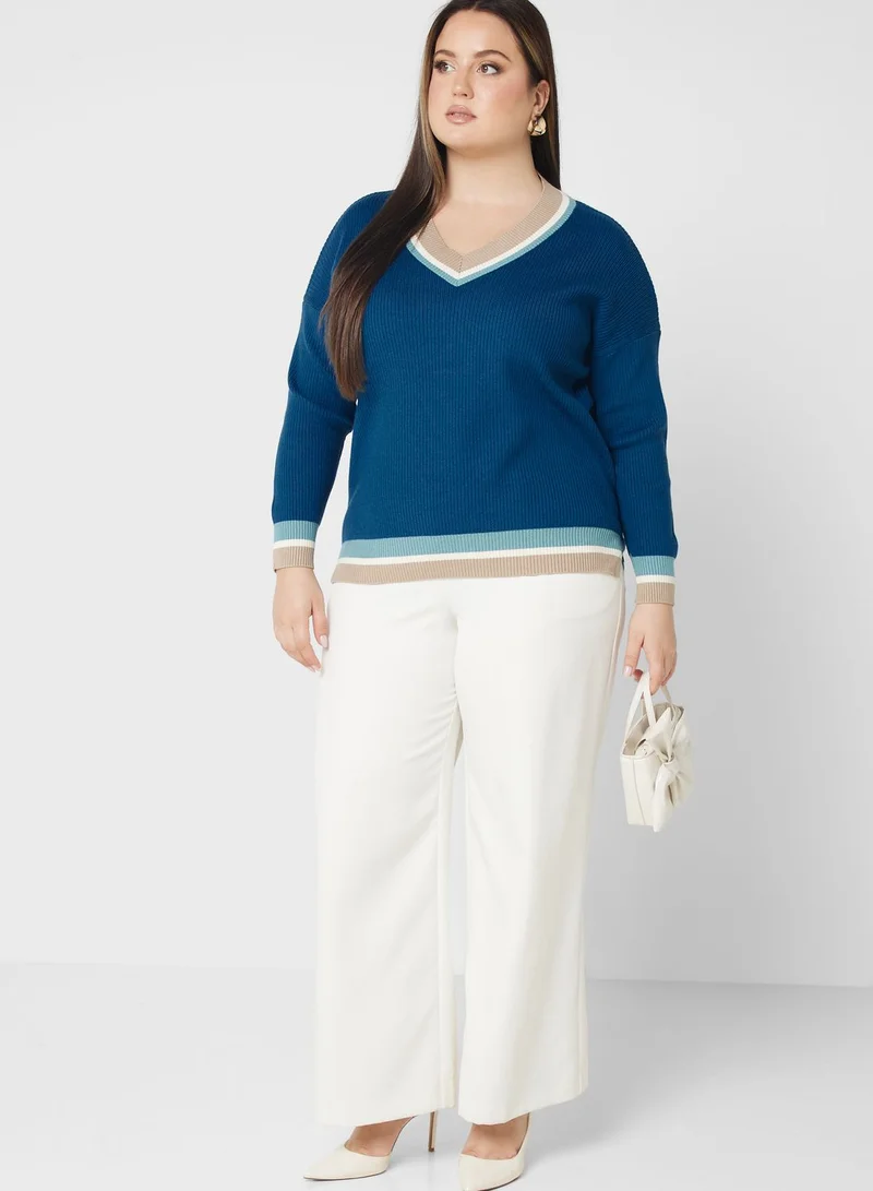 Ginger Plus Contrast Trim V Neck Sweater