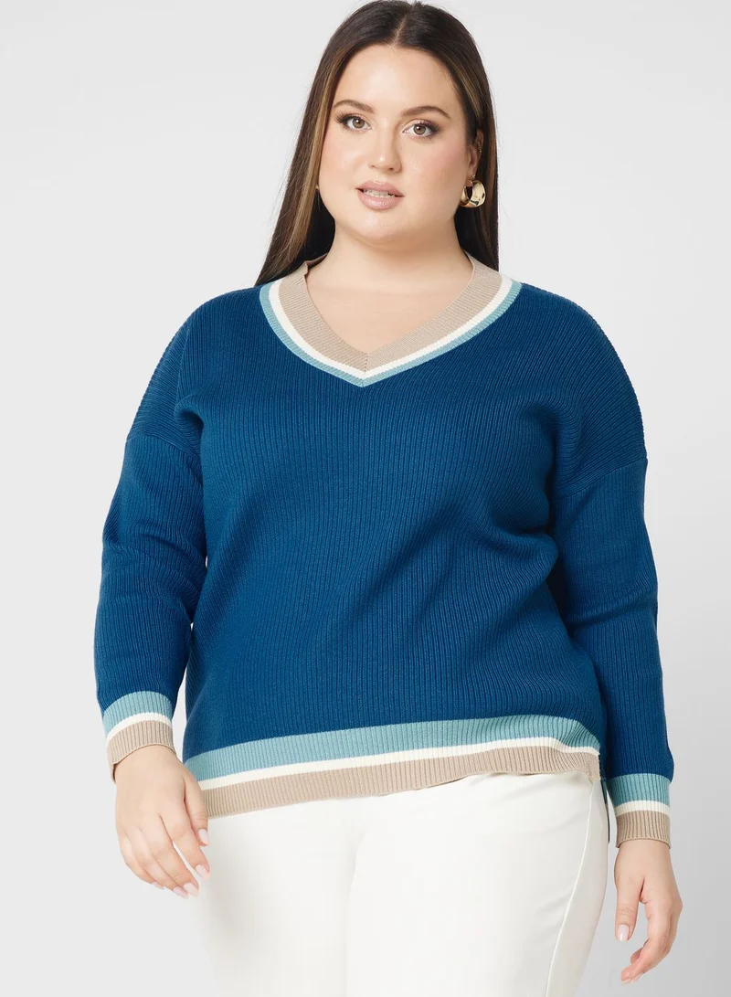 Ginger Plus Contrast Trim V Neck Sweater