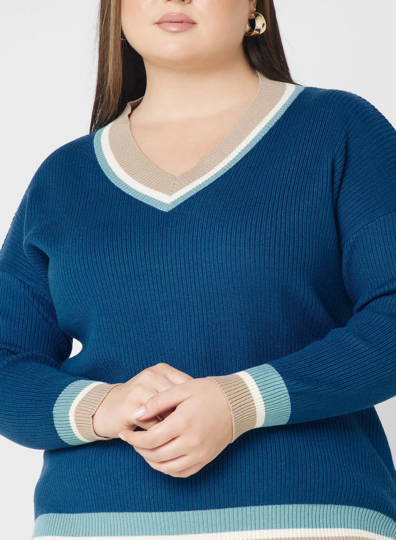 Ginger Plus Contrast Trim V Neck Sweater