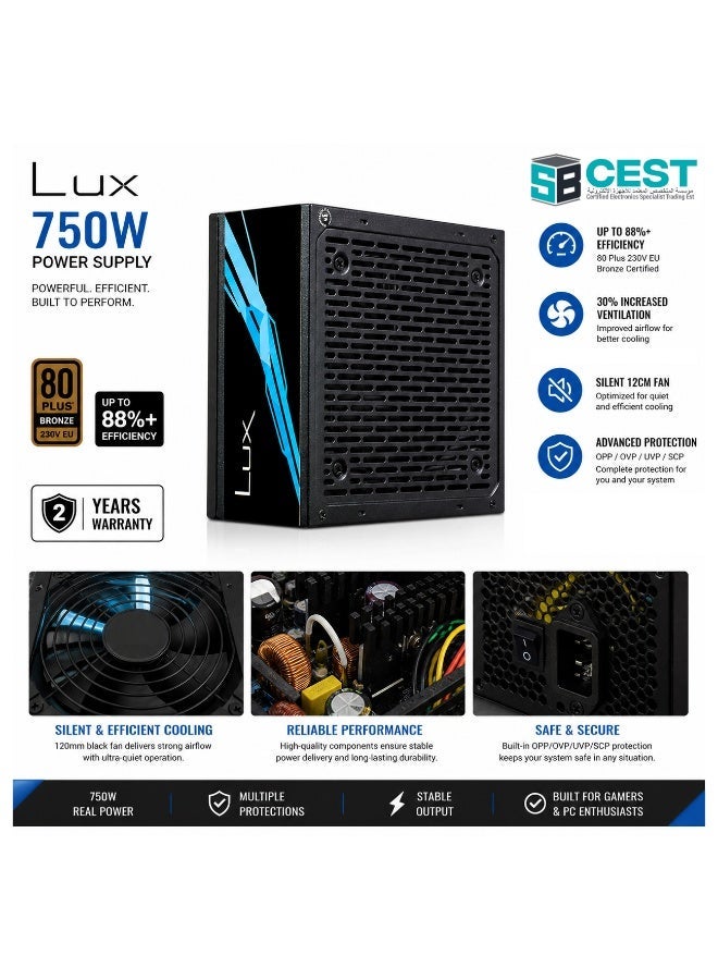 SBCEST 750W PSU, 80+ Bronze 230V EU, Up to 88% Efficiency, 30% Enhanced Ventilation, Silent 120mm Fan, OPP/OVP/UVP/SCP Protection, 2 Year Warranty, Black - Image 4