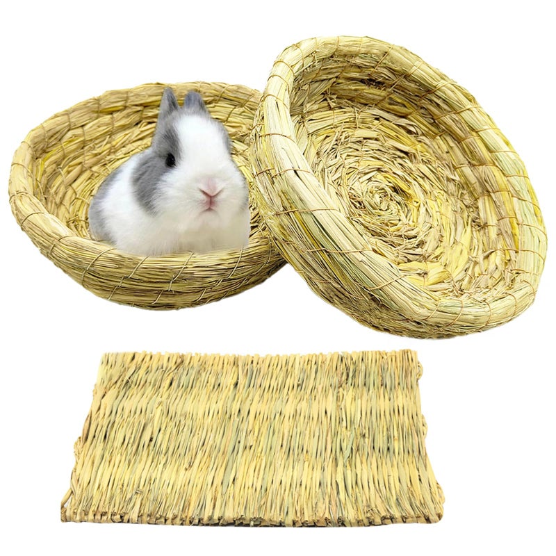 Hamiledyi Bunny Grass Bed Guinea Pig Straw House Nest Hay Mats Grass Basket Hatch Chew Toy for Dwarf Rabbit Chinchillas Hamster Fancy Rat Pigeon Parrot 3 Pcs - Image 1