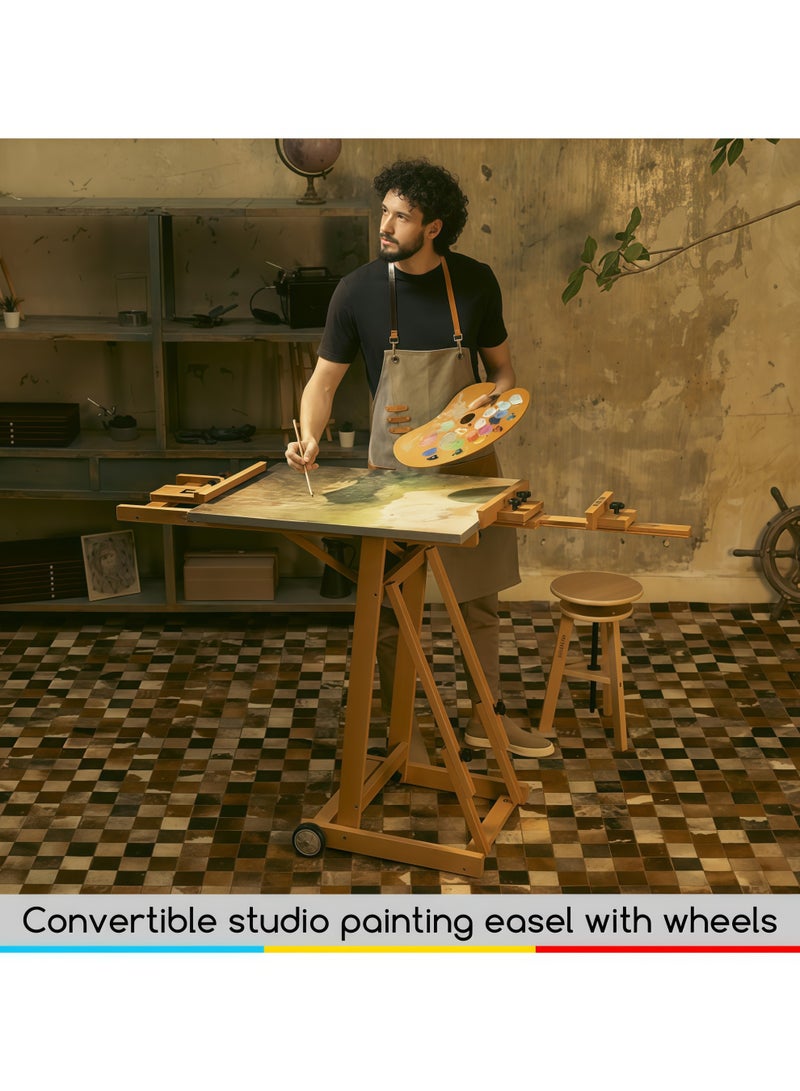 ميدن حامل رسم متعدد الوظائف على شكل حرف H - حامل رسم قابل للتعديل مصنوع من خشب الزان، مناسب لمختلف الوسائط. هذا الحامل الأرضي قابل للتحريك والإمالة، ويمكنه دعم لوحات قماشية يصل حجمها إلى 76.77 بوصة. - Image 4