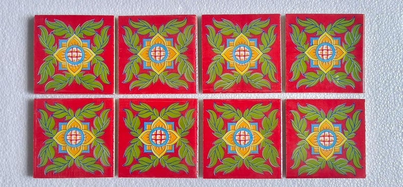 Shiv Kripa Blue Pottery Shiv Kripa Blue Pottery Home Decor Handmade Tabletop Interior Exterior Flooring Wall Kitchen Washroom Tile Floral Decorative Mosaic Wall Tiles 3 x 3 Inch Set of 8 Tiles Red and Green Color  - Image 4
