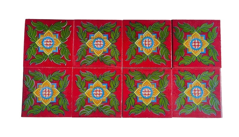 Shiv Kripa Blue Pottery Shiv Kripa Blue Pottery Home Decor Handmade Tabletop Interior Exterior Flooring Wall Kitchen Washroom Tile Floral Decorative Mosaic Wall Tiles 3 x 3 Inch Set of 8 Tiles Red and Green Color  - Image 1
