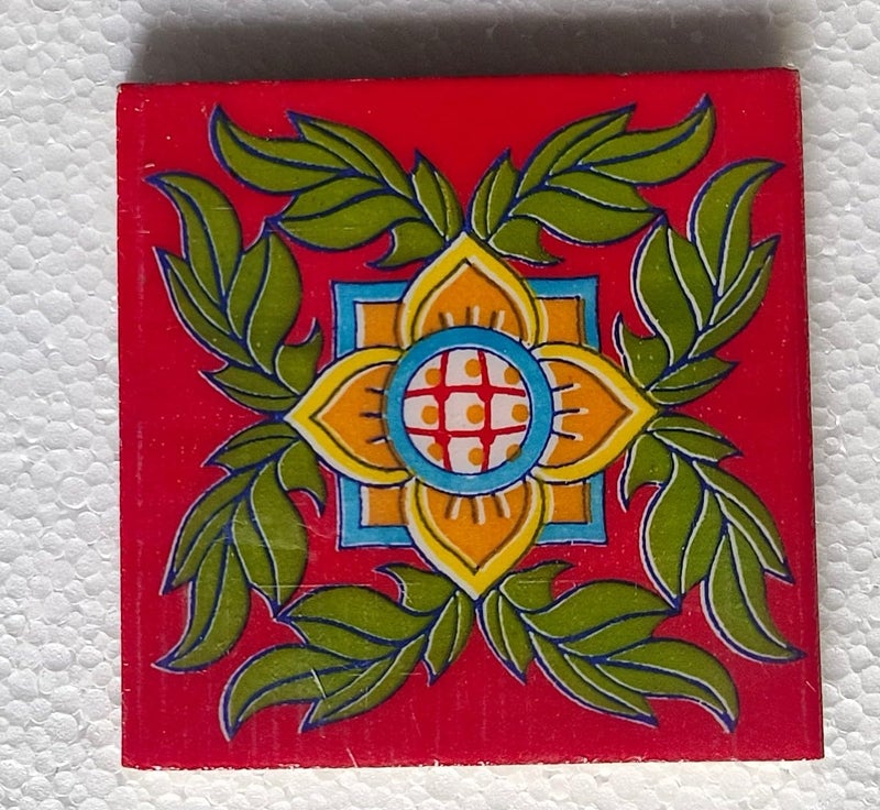 Shiv Kripa Blue Pottery Shiv Kripa Blue Pottery Home Decor Handmade Tabletop Interior Exterior Flooring Wall Kitchen Washroom Tile Floral Decorative Mosaic Wall Tiles 3 x 3 Inch Set of 8 Tiles Red and Green Color  - Image 2