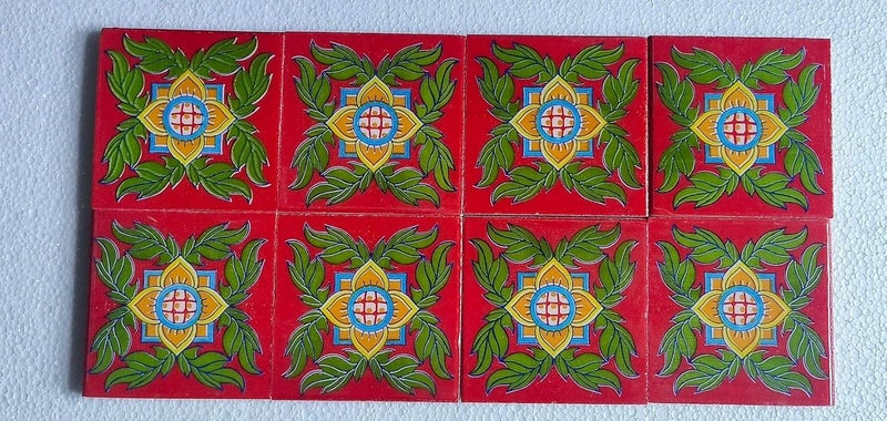 Shiv Kripa Blue Pottery Shiv Kripa Blue Pottery Home Decor Handmade Tabletop Interior Exterior Flooring Wall Kitchen Washroom Tile Floral Decorative Mosaic Wall Tiles 3 x 3 Inch Set of 8 Tiles Red and Green Color  - Image 3