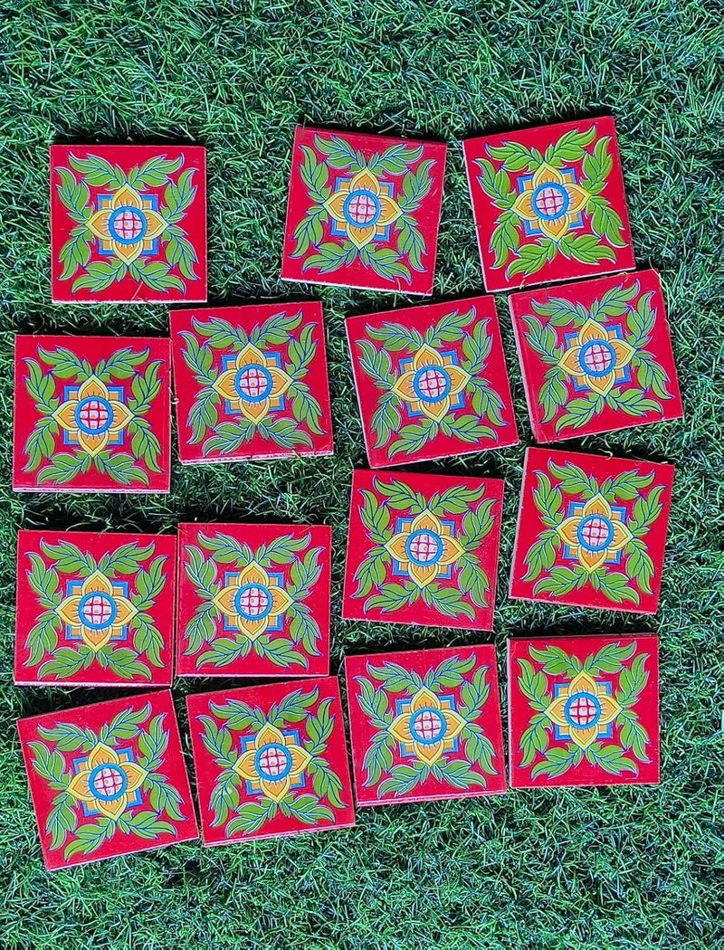 Shiv Kripa Blue Pottery Shiv Kripa Blue Pottery Home Decor Handmade Tabletop Interior Exterior Flooring Wall Kitchen Washroom Tile Floral Decorative Mosaic Wall Tiles 3 x 3 Inch Set of 8 Tiles Red and Green Color  - Image 5