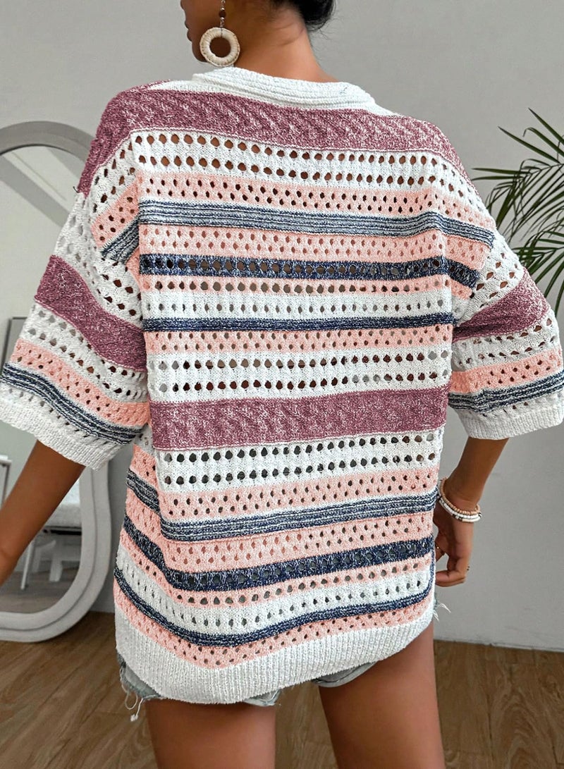 Acelitt Womens Spring Summer Short Sleeve Crochet Sweater 2026 Fashion Trendy Hollow Out V Neck Striped Knitted Tops Beach Vacation Cruise Outfits Resort Wear Purple Large - Image 3