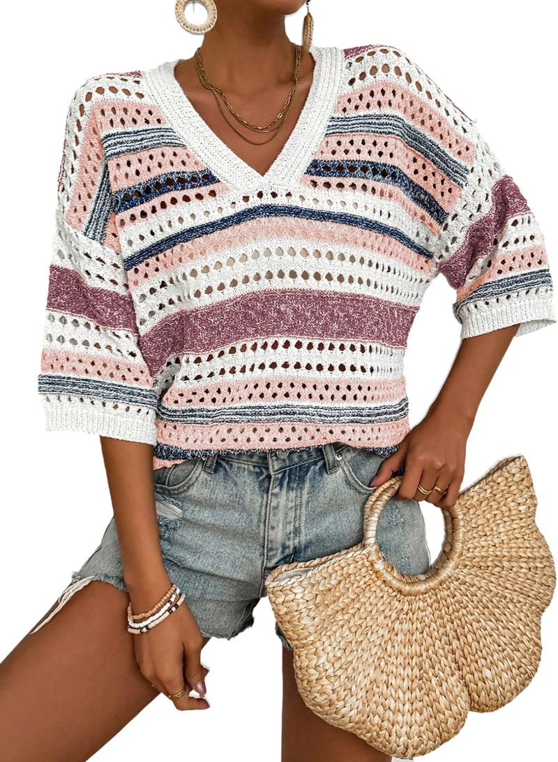 Acelitt Womens Spring Summer Short Sleeve Crochet Sweater 2026 Fashion Trendy Hollow Out V Neck Striped Knitted Tops Beach Vacation Cruise Outfits Resort Wear Purple Large - Image 1