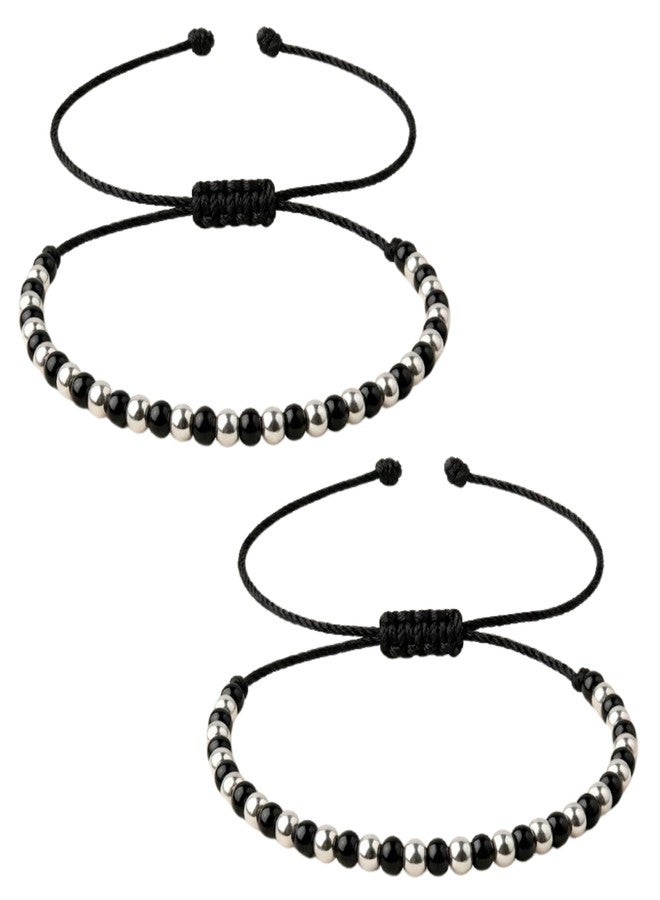 Darshraj® 925 Sterling Silver Baby Nazariya Bracelet & Anklet for Boys & Girls | Alternating Silver & Black Beads Kala Dhaga Adjustable Thread | Nazar Suraksha Infant Jewelry (9 Inch + 6 Inch) Adjustable | Unisex Daily Wear - Image 1