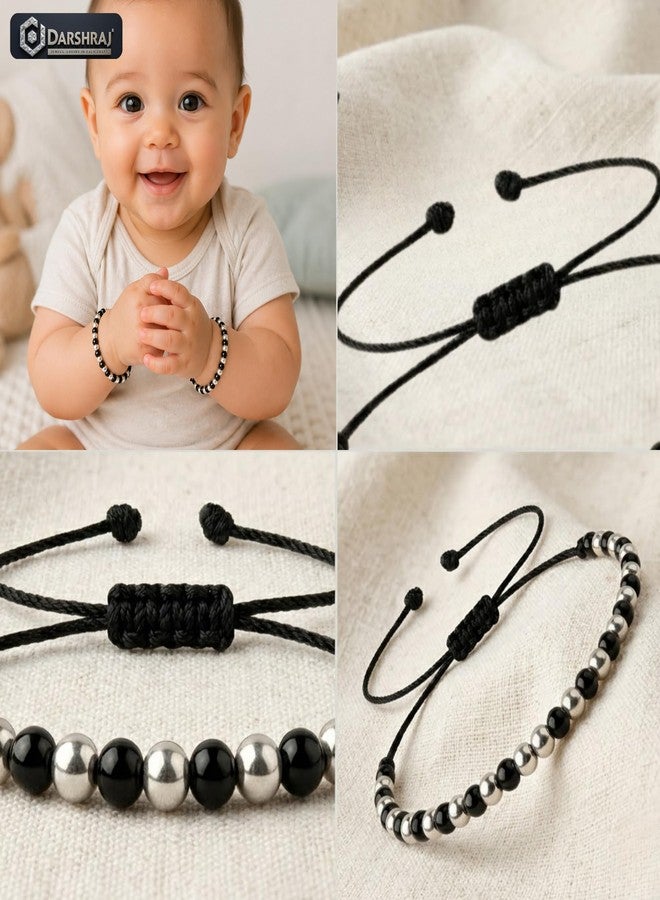 Darshraj® 925 Sterling Silver Baby Nazariya Bracelet & Anklet for Boys & Girls | Alternating Silver & Black Beads Kala Dhaga Adjustable Thread | Nazar Suraksha Infant Jewelry (9 Inch + 6 Inch) Adjustable | Unisex Daily Wear - Image 2