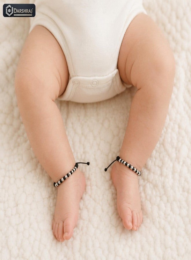 Darshraj® 925 Sterling Silver Baby Nazariya Bracelet & Anklet for Boys & Girls | Alternating Silver & Black Beads Kala Dhaga Adjustable Thread | Nazar Suraksha Infant Jewelry (9 Inch + 6 Inch) Adjustable | Unisex Daily Wear - Image 5