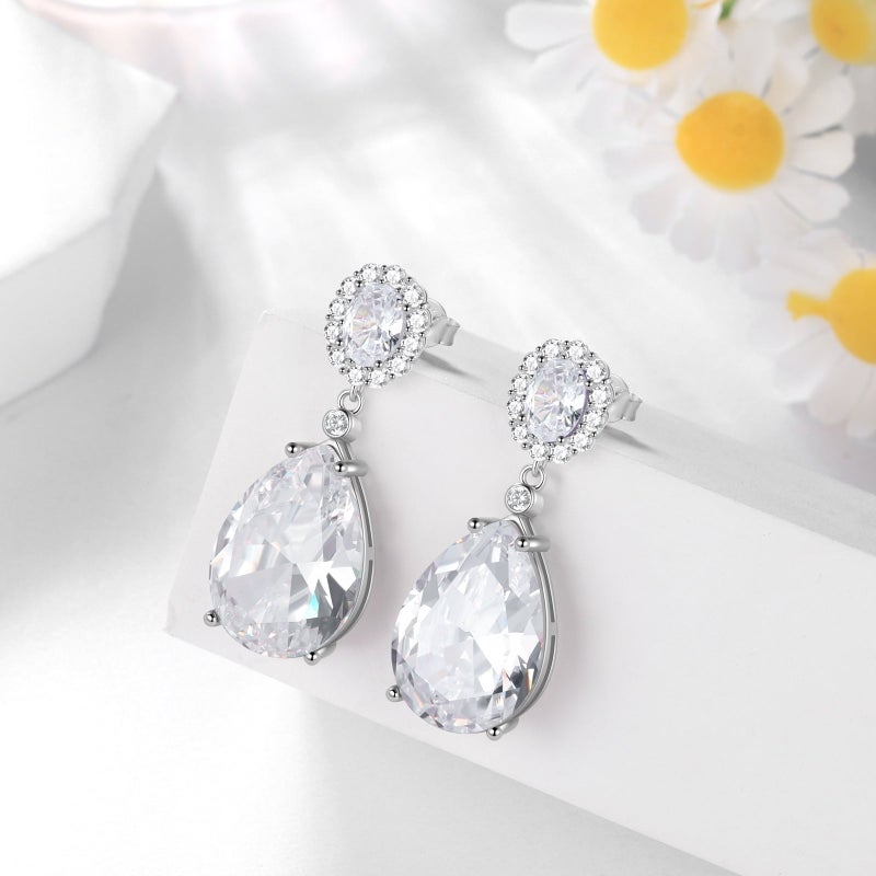 Juwaliy Women Dangling Teardrop Earrings 925 Sterling Silver April Birthstone Diamond Earring Wedding Bridal Jewelry Mother's Day Gift - Image 2