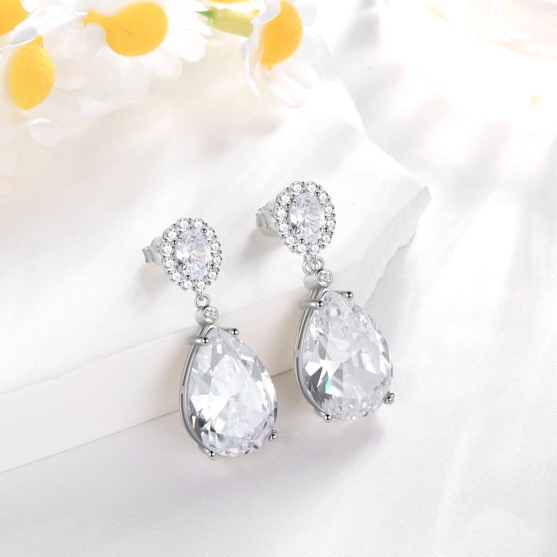 Juwaliy Women Dangling Teardrop Earrings 925 Sterling Silver April Birthstone Diamond Earring Wedding Bridal Jewelry Mother's Day Gift - Image 5