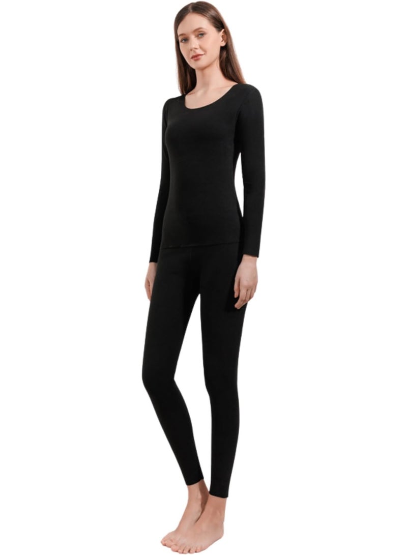 MISHAREN Seamless Thermal Underwear Set, Long Sleeve Top and Pants, Quick-Dry For Girls and Women - Black  - Image 1