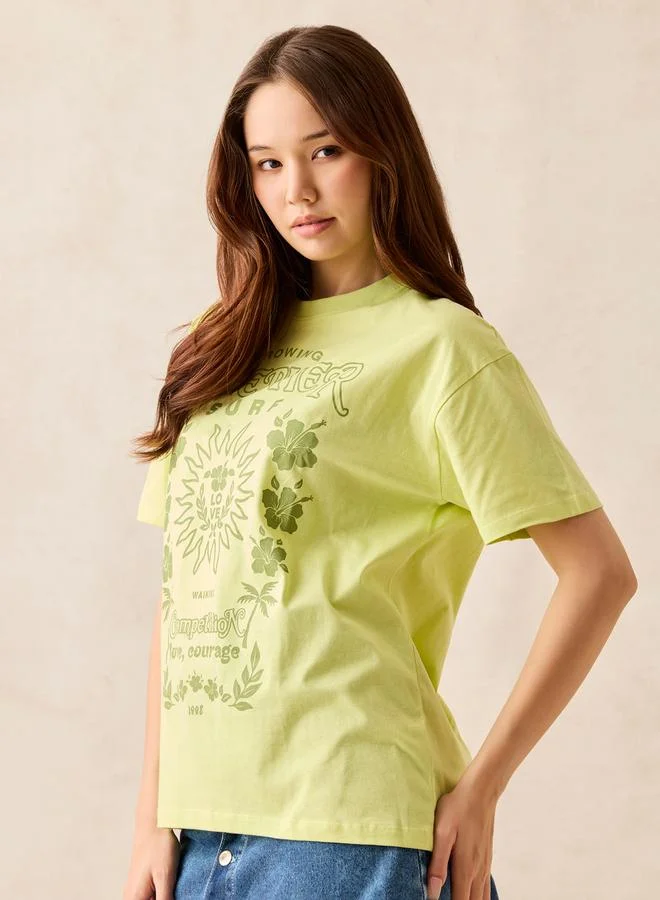 OUTZIDR Yellow Crew Neck Graphic T-Shirt