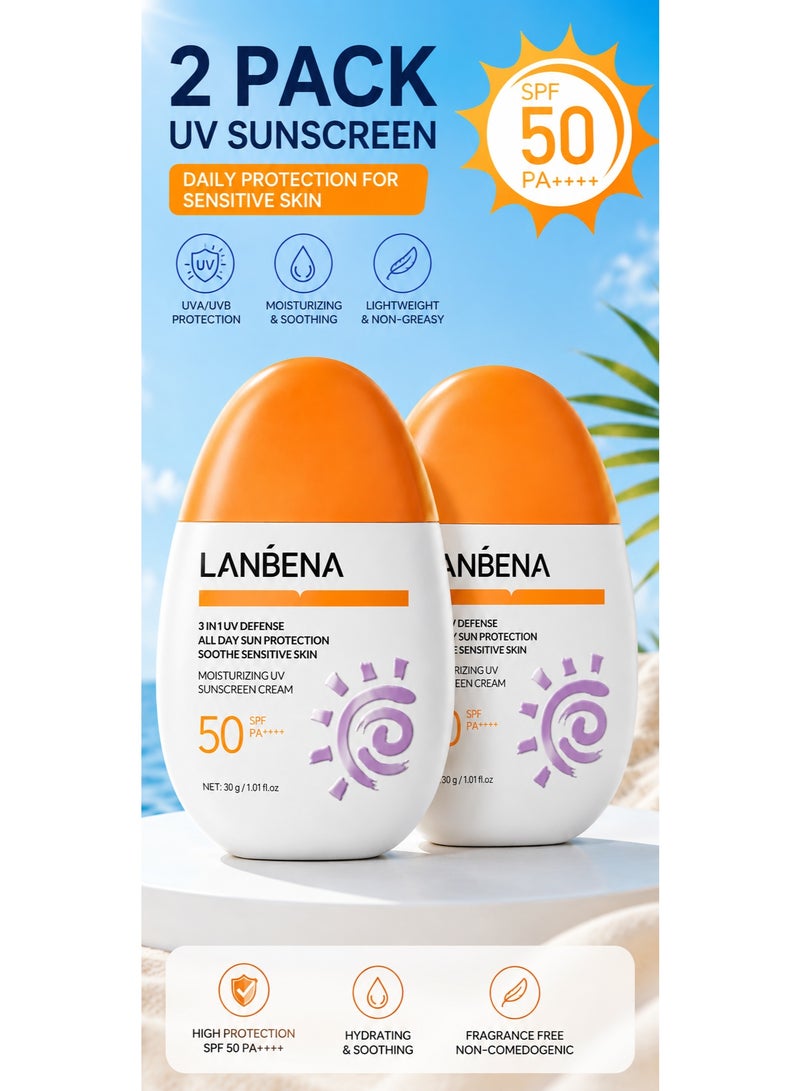 LANBENA Moisturizing UV Sunscreen Cream SPF 50 PA+++ 30g Pack of 2 3-in-1 Facial Sunscreen for Sensitive Skin - Image 1