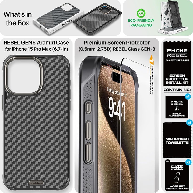 Rebel Case for iPhone 15 Pro Max [Gen-5 Aramid Fiber] Strong MagSafe Compatible, Grippy Sides, Shockproof Corners, Metal Lens + Buttons, Upgraded Protective Design, 6.7 Inch Phone 2023 (Black) - Image 5