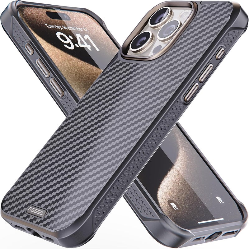 Rebel Case for iPhone 15 Pro Max [Gen-5 Aramid Fiber] Strong MagSafe Compatible, Grippy Sides, Shockproof Corners, Metal Lens + Buttons, Upgraded Protective Design, 6.7 Inch Phone 2023 (Black) - Image 1