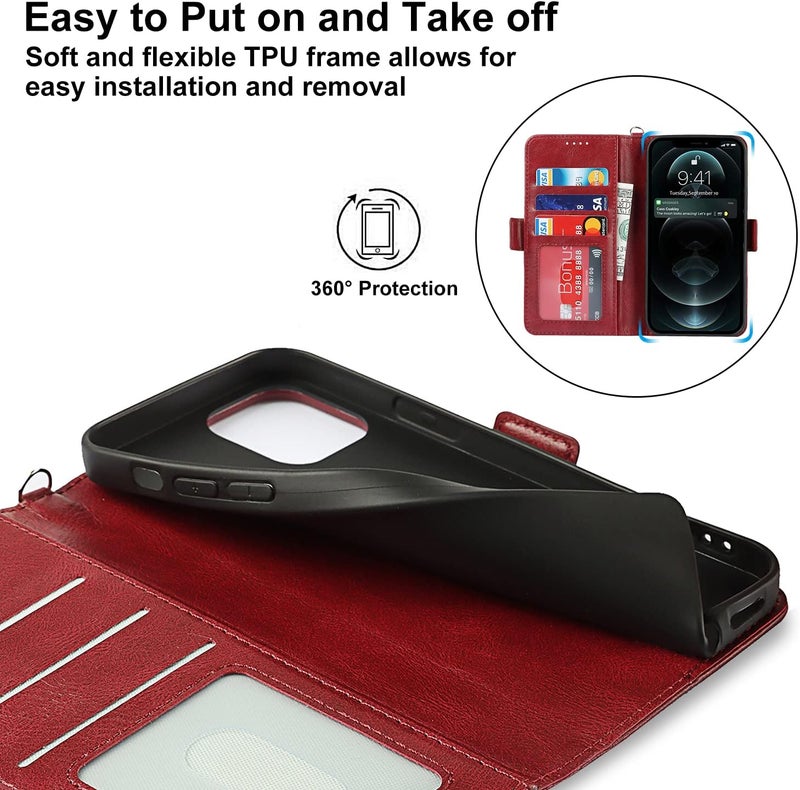 iCoverCase for iPhone 14 Pro Case, PU Leather Wallet Case with Wrist Strap Card Holder Shockproof Flip Cover Case - Red - Image 4
