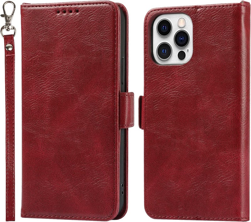 iCoverCase for iPhone 14 Pro Case, PU Leather Wallet Case with Wrist Strap Card Holder Shockproof Flip Cover Case - Red - Image 2