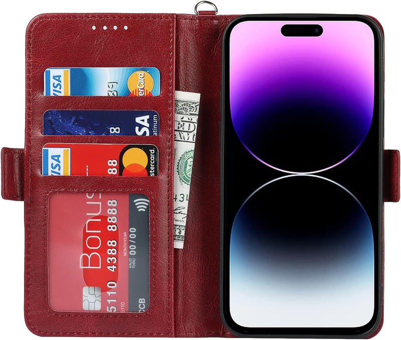 iCoverCase for iPhone 14 Pro Case, PU Leather Wallet Case with Wrist Strap Card Holder Shockproof Flip Cover Case - Red - Image 3