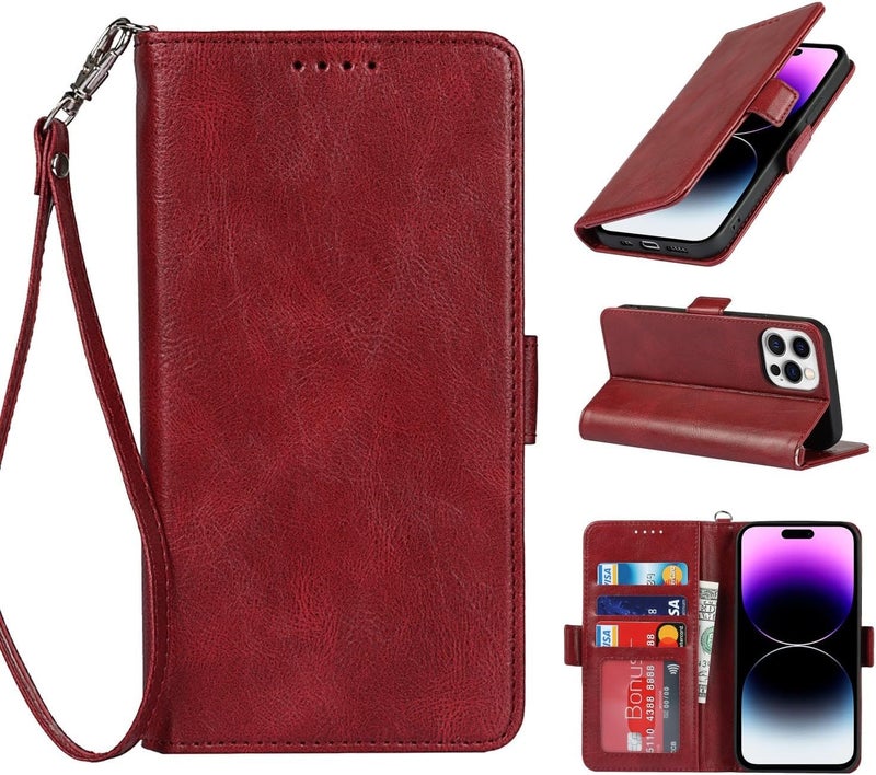 iCoverCase for iPhone 14 Pro Case, PU Leather Wallet Case with Wrist Strap Card Holder Shockproof Flip Cover Case - Red - Image 1