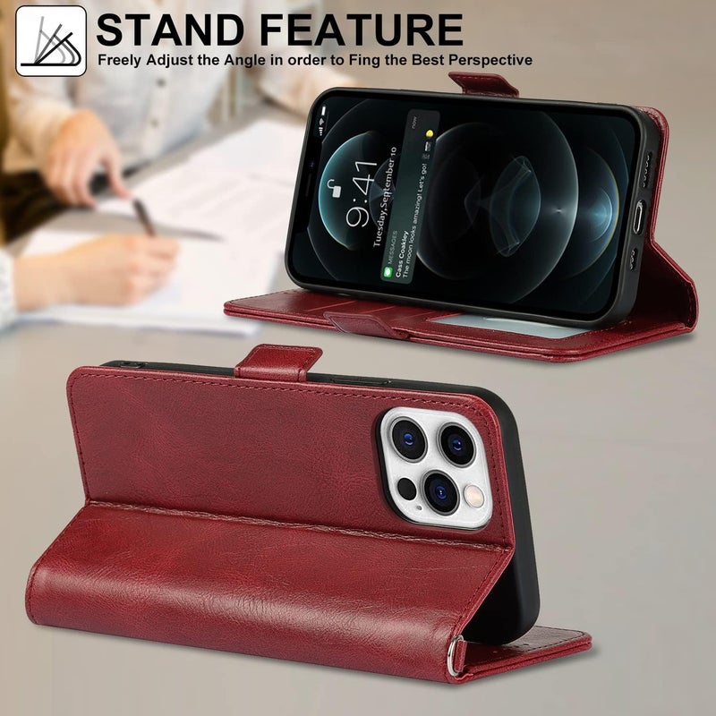 iCoverCase for iPhone 14 Pro Case, PU Leather Wallet Case with Wrist Strap Card Holder Shockproof Flip Cover Case - Red - Image 5