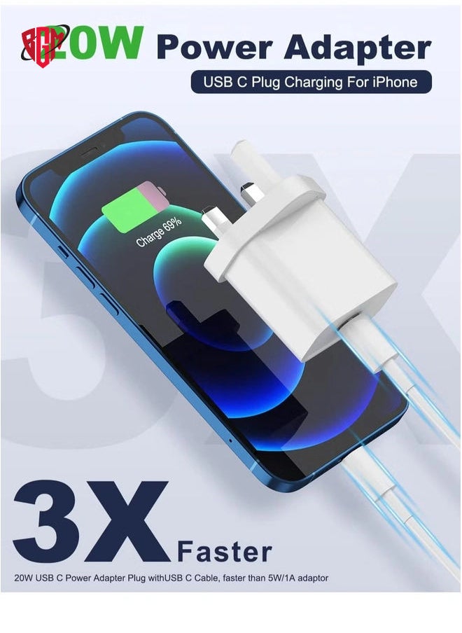 20W Type C Fast Charger Adapter for iphone 14 pro/ 14 pro max/14/13/12/11, USB C Fast Charging Plug with Cable 1M